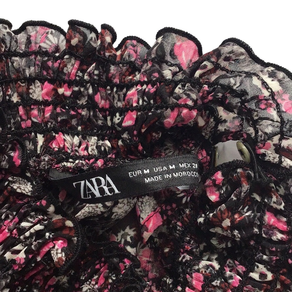 Zara Floral Print Pink Black Ruffle Neck Blouse, size M - Picture 7 of 14